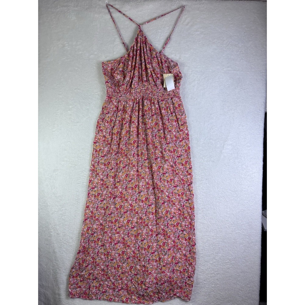 NWT REWIND 2XL PINK ORANGE GREEN FLORAL Y-Neck SMOCKED CRINKLE GAUZY MAXI DRESS